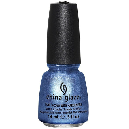 A bottle of China Glaze nail polish in a shimmering metallic blue shade, with a black cap and a plain white background.
