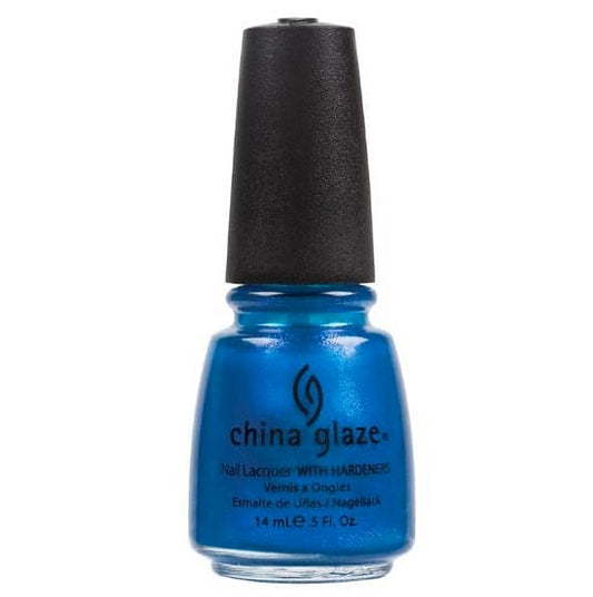 A bottle of China Glaze nail lacquer in a  blue shade, with a black cap shown against a plain white background.