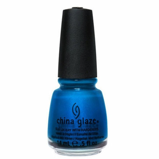 A bottle of China Glaze nail polish in a vibrant medium blue shade, with a black cap, set against a plain white background.