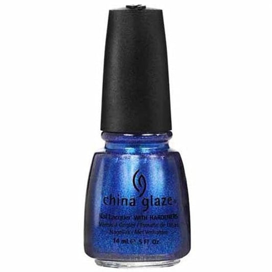 A bottle of China Glaze nail lacquer in a shimmering blue shade, featuring a black cap, shown against a plain white background.