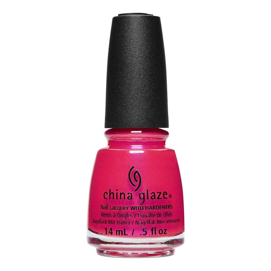 A bottle of China Glaze nail polish in a bright hot pink shade, featuring a black cap, shown against a plain white background.
