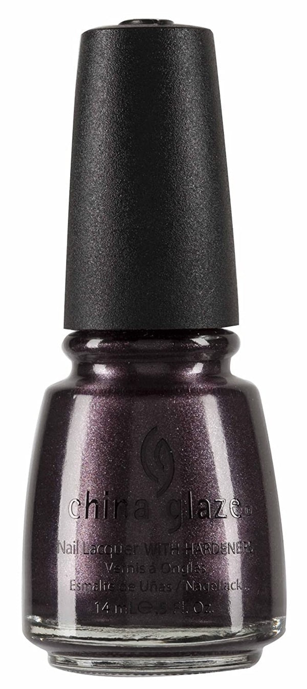 A bottle of China Glaze nail lacquer with hardener in a deep, shimmery plum-purple shade, featuring a black cap against a white background.
