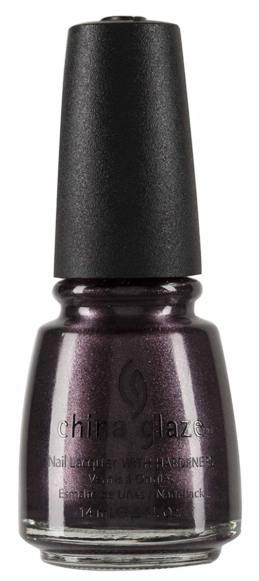 A bottle of China Glaze nail lacquer with hardener in a deep, shimmery plum-purple shade, featuring a black cap against a white background.