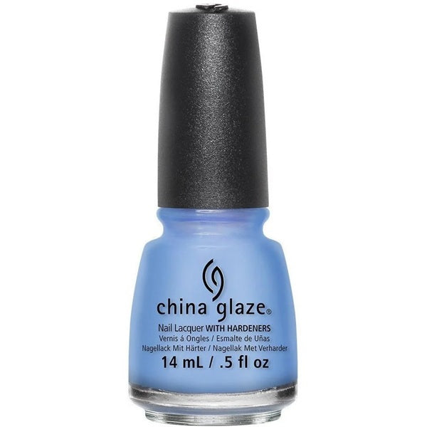 China Glaze blue nail polish bottle with black cap on a white background