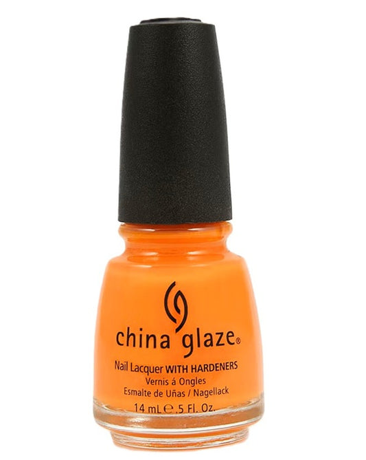 A bottle of China Glaze nail polish in a bright orange shade, featuring a black cap on a white background.