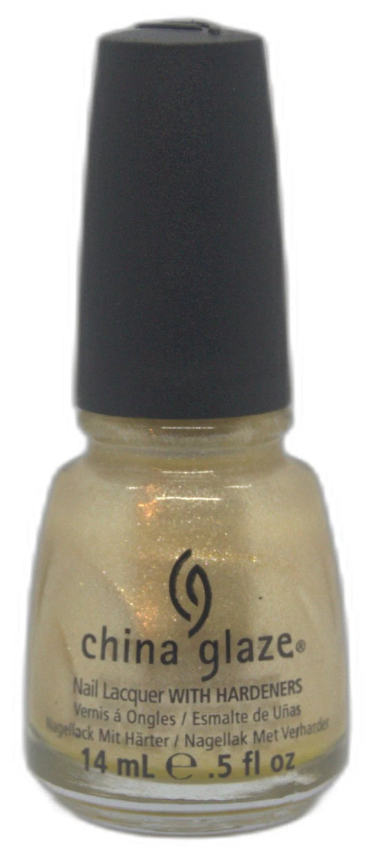 A bottle of China Glaze nail lacquer with hardeners in a shimmering gold shade, featuring a black cap and black printed branding on the front.