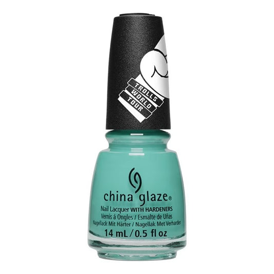 China Glaze turquoise nail polish bottle with a black cap featuring 'Trolls World Tour' logo on a white background