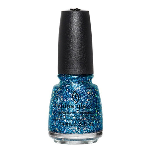 China Glaze blue glitter nail polish with black cap, set against a plain white background.