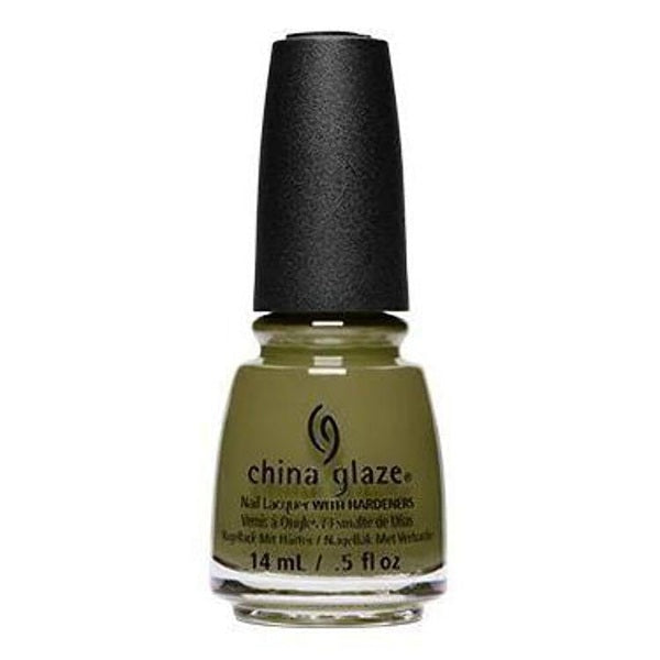 China Glaze nail polish bottle with olive green polish and black cap on a white background