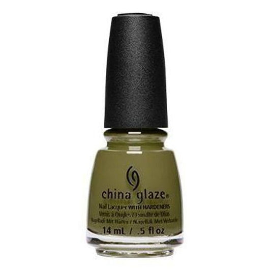 China Glaze nail polish bottle with olive green polish and black cap on a white background