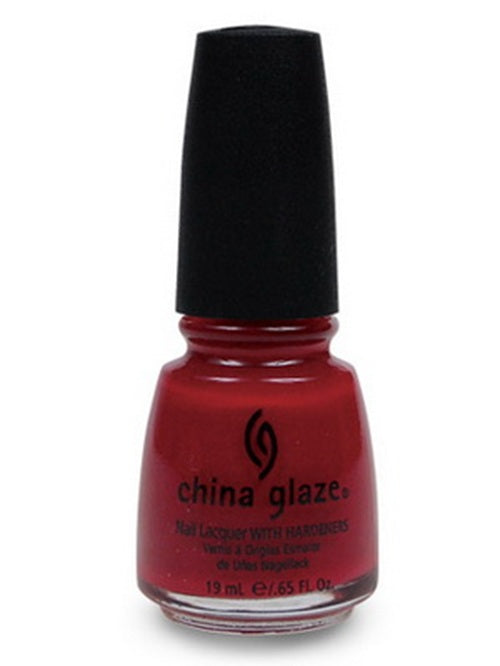 China Glaze red nail polish bottle with black cap on a white background