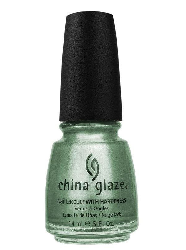 China Glaze metallic green nail polish with a black cap on a white background
