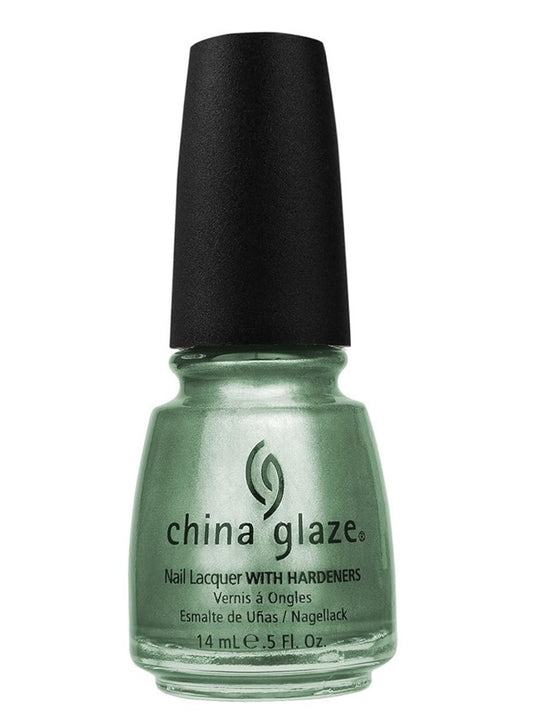 China Glaze metallic green nail polish with a black cap on a white background