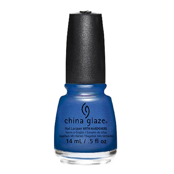 Blue nail polish bottle with black cap on a white background