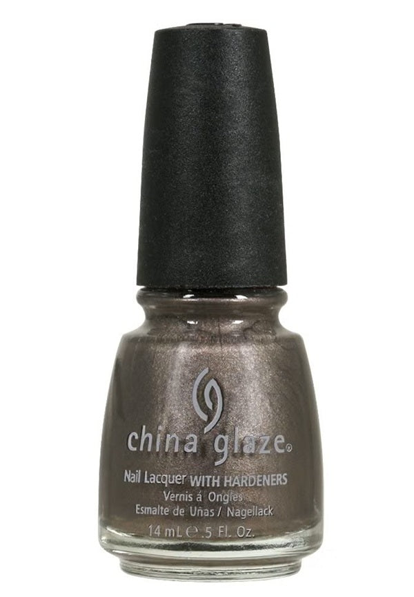 A bottle of China Glaze nail polish in a metallic taupe-gray shade, with a black cap.