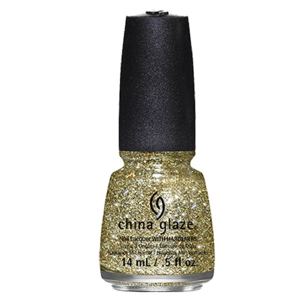 Gold glitter nail polish bottle with black cap on a white background