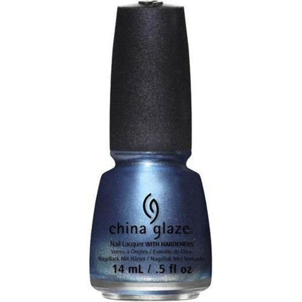 China Glaze blue shimmer nail polish bottle with black cap on a white background