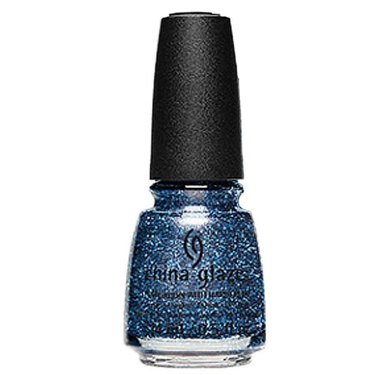 China Glaze blue micro-glitter nail polish bottle with black cap on a white background