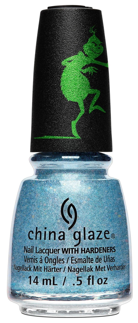 A bottle of China Glaze nail lacquer with hardeners in a shimmering light blue shade, featuring a black cap with a green Grinch silhouette.