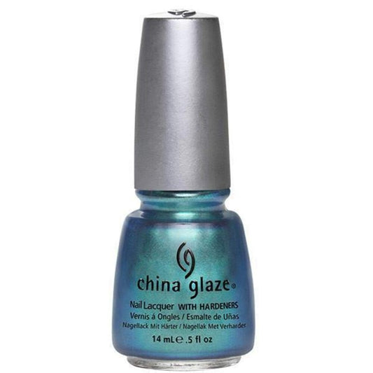 Blue nail polish bottle with silver cap on a white background