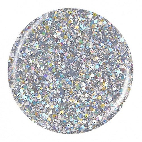 Round nail polish swatch with multicolored glittery finish on a white background