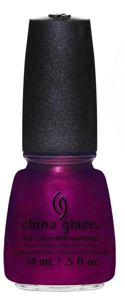 China Glaze red purple nail polish bottle with black cap on a white background