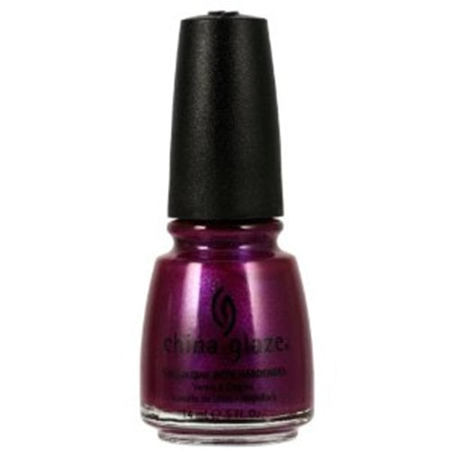 A bottle of China Glaze nail polish in a vibrant magenta purple shade with pink and violet shimmer, with a black cap.