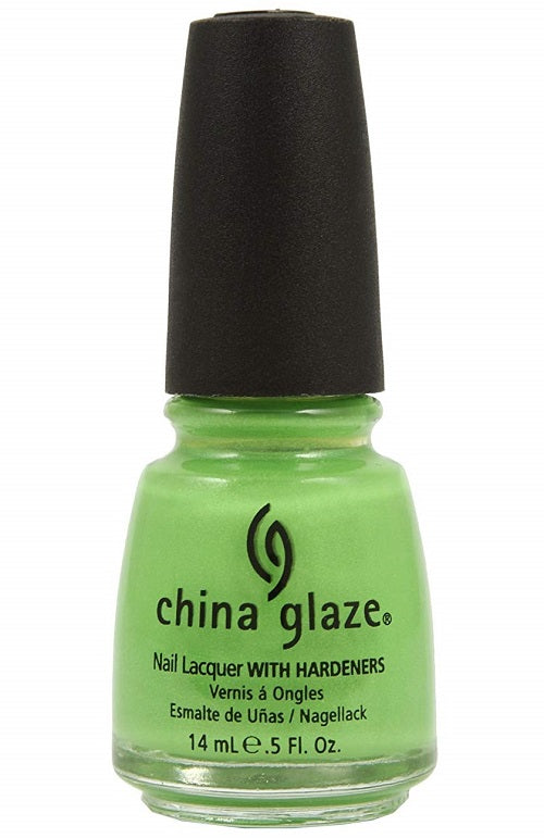A bottle of China Glaze nail polish in light lime green color with a black cap.