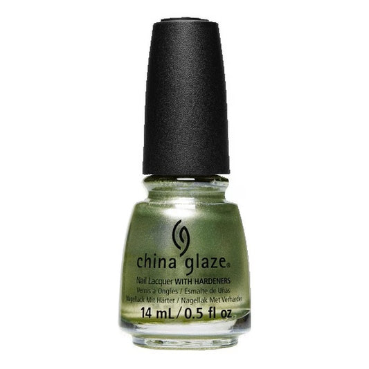 China Glaze chartreuse green metallic nail polish with black cap.