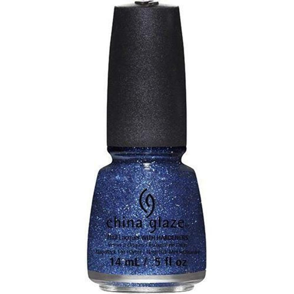 China Glaze blue glitter nail polish bottle with black cap on a white background