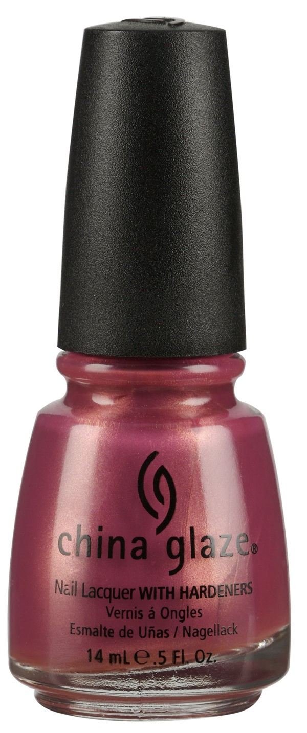 China Glaze deep rose pink nail polish with black cap and white background.