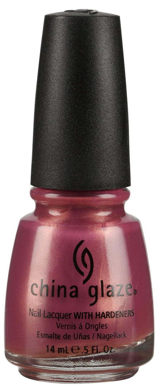 China Glaze deep rose pink nail polish with black cap and white background.