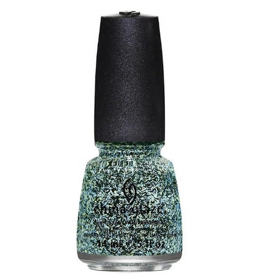 A bottle of China Glaze nail polish in the shade Flock Together, featuring a glitter topper with a mint green, bold blue, and black micro glitter in a clear base.
