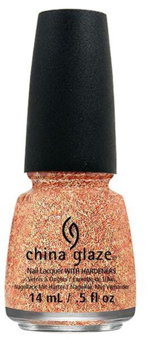 A bottle of China Glaze nail polish with a mix of matte orange, soft yellow, and red micro bar glitter.