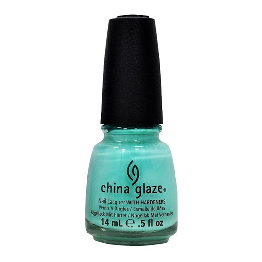 A bottle of China Glaze nail lacquer in a turquoise blue shade, featuring a black cap, set against a plain white background.