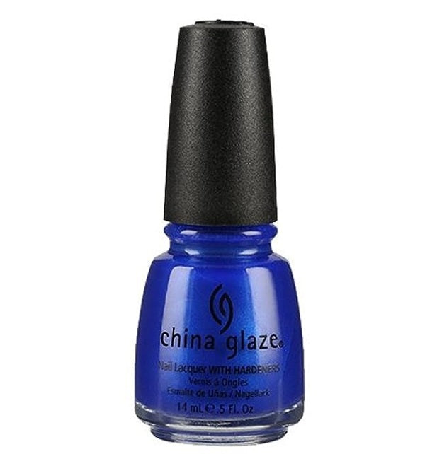 China Glaze blue shimmer nail polish bottle with black cap on a white background
