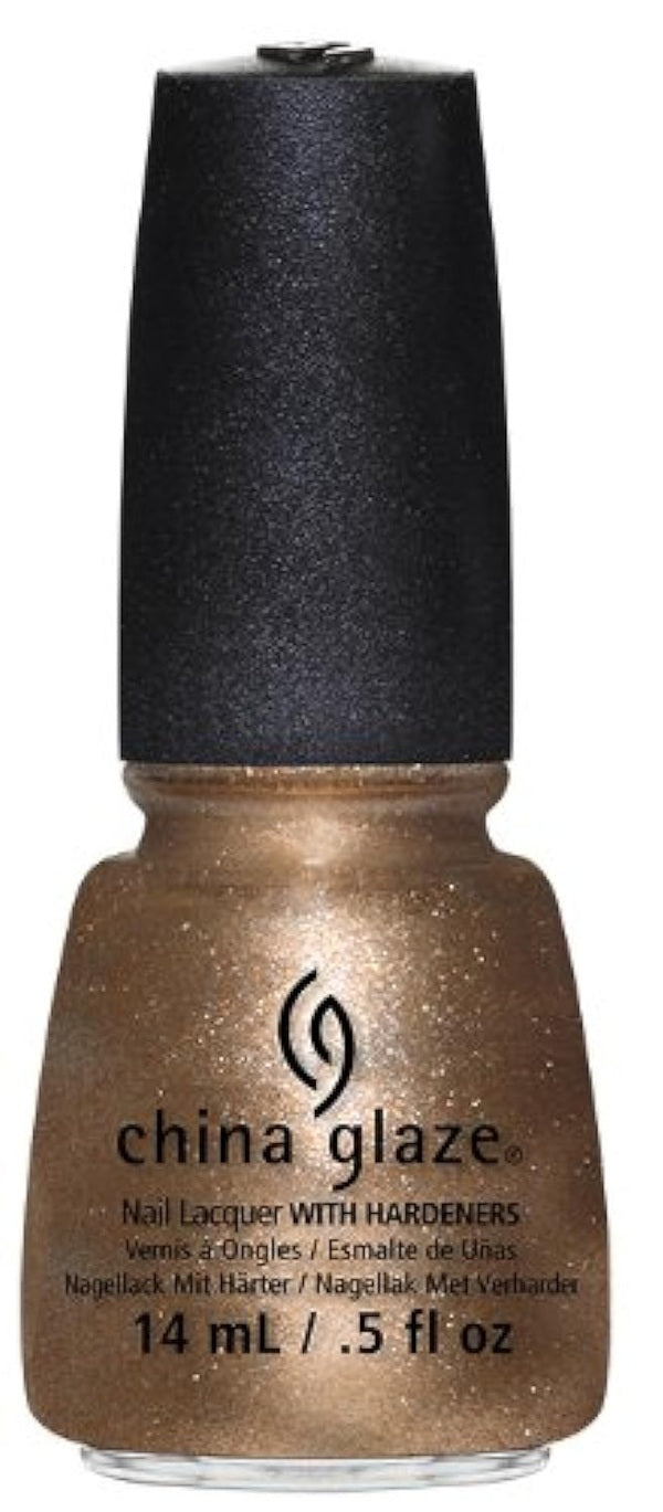 China Glaze gold nail polish bottle with a black cap on a white background