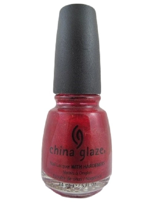A bottle of China Glaze nail polish in a vibrant red color with cherry undertones and golden micro-shimmer.