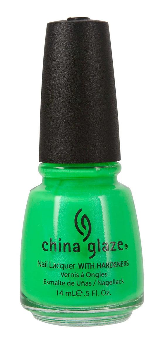 Neon green nail polish bottle with black cap on a white background, featuring the China Glaze brand.