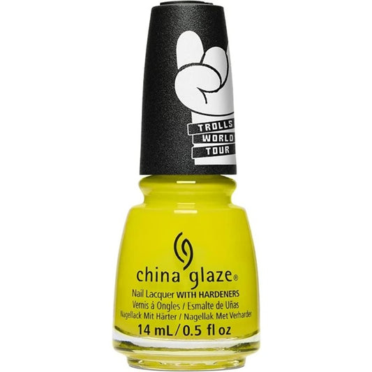 China Glaze yellow/green nail polish bottle with black cap featuring a logo on a white background