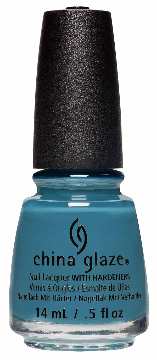 A bottle of China Glaze nail polish in a medium teal blue shade, with a black cap and white printed text on the bottle.