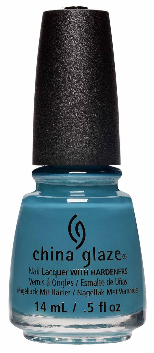 A bottle of China Glaze nail polish in a medium teal blue shade, with a black cap and white printed text on the bottle.