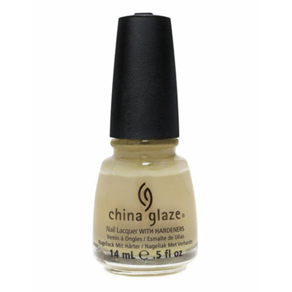 A bottle of China Glaze nail polish in a warm yellow beige shade, featuring a black cap, set against a plain white background.