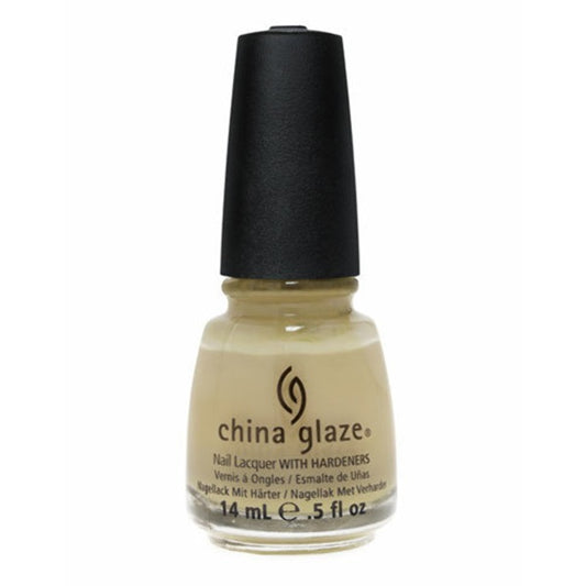 A bottle of China Glaze nail polish in a warm yellow beige shade, featuring a black cap, set against a plain white background.