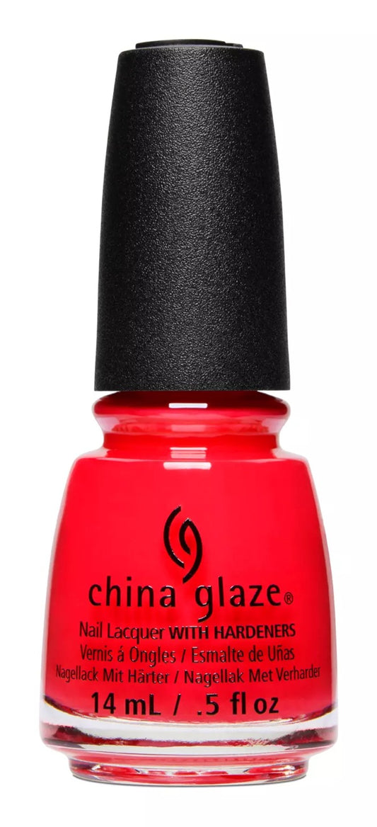 China Glaze nail polish bottle with red polish and black cap on a white background