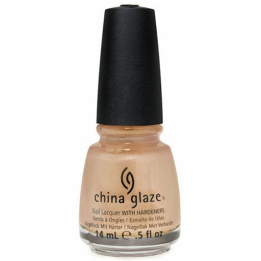 China Glaze light beige shimmer nail polish bottle with black cap.