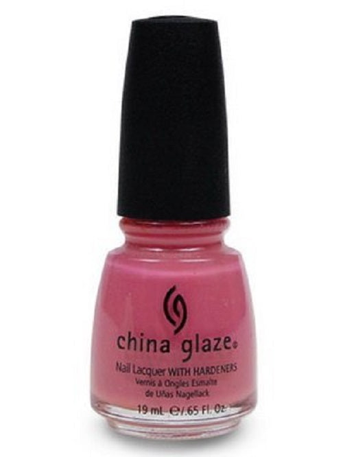 A bottle of China Glaze nail polish in a medium earth-toned rosy pink color, with black cap.