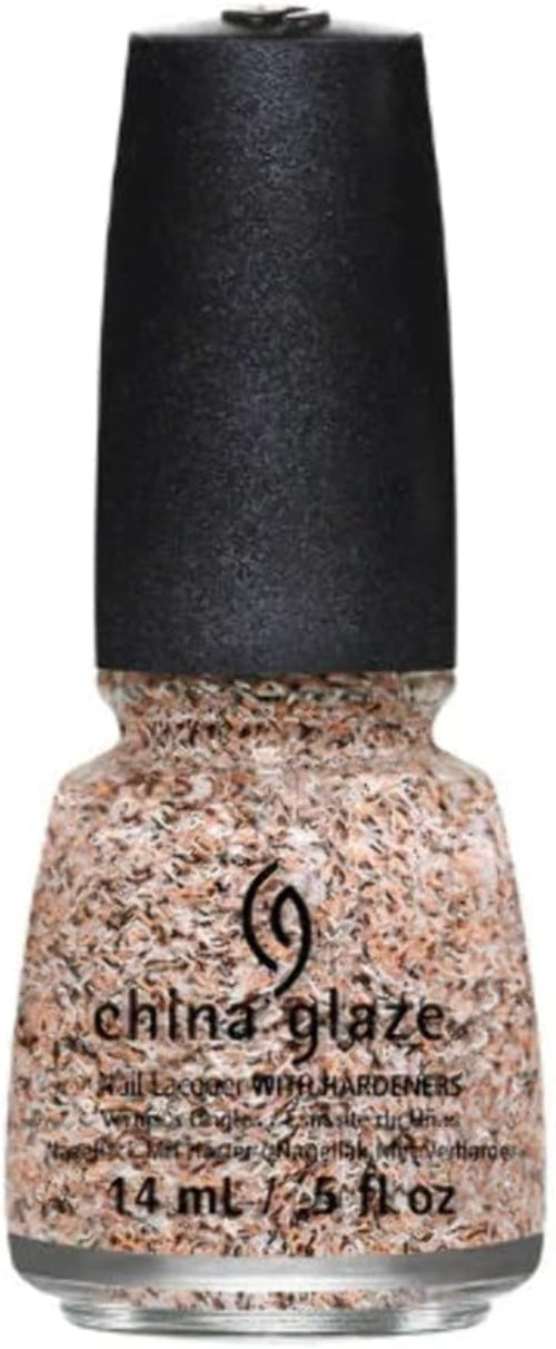 A bottle of China Glaze nail polish in a glittery multi-color beige shade with a black cap.