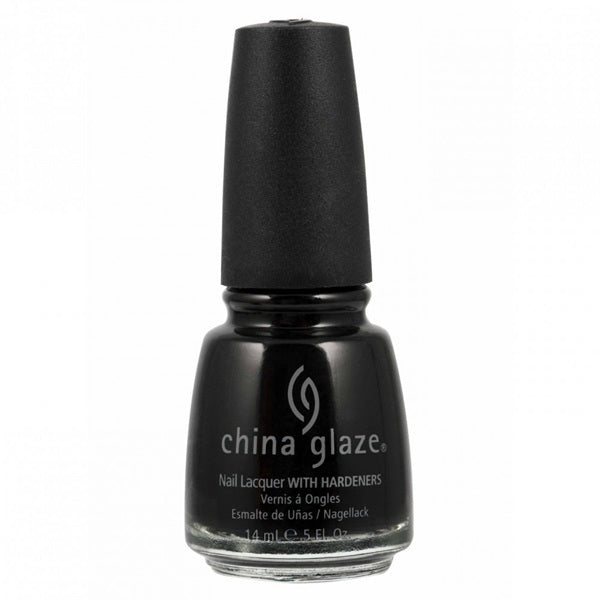 Black nail polish bottle with 'China Glaze' branding on a white background