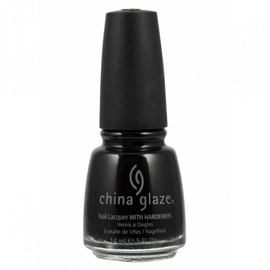 Black nail polish bottle with 'China Glaze' branding on a white background